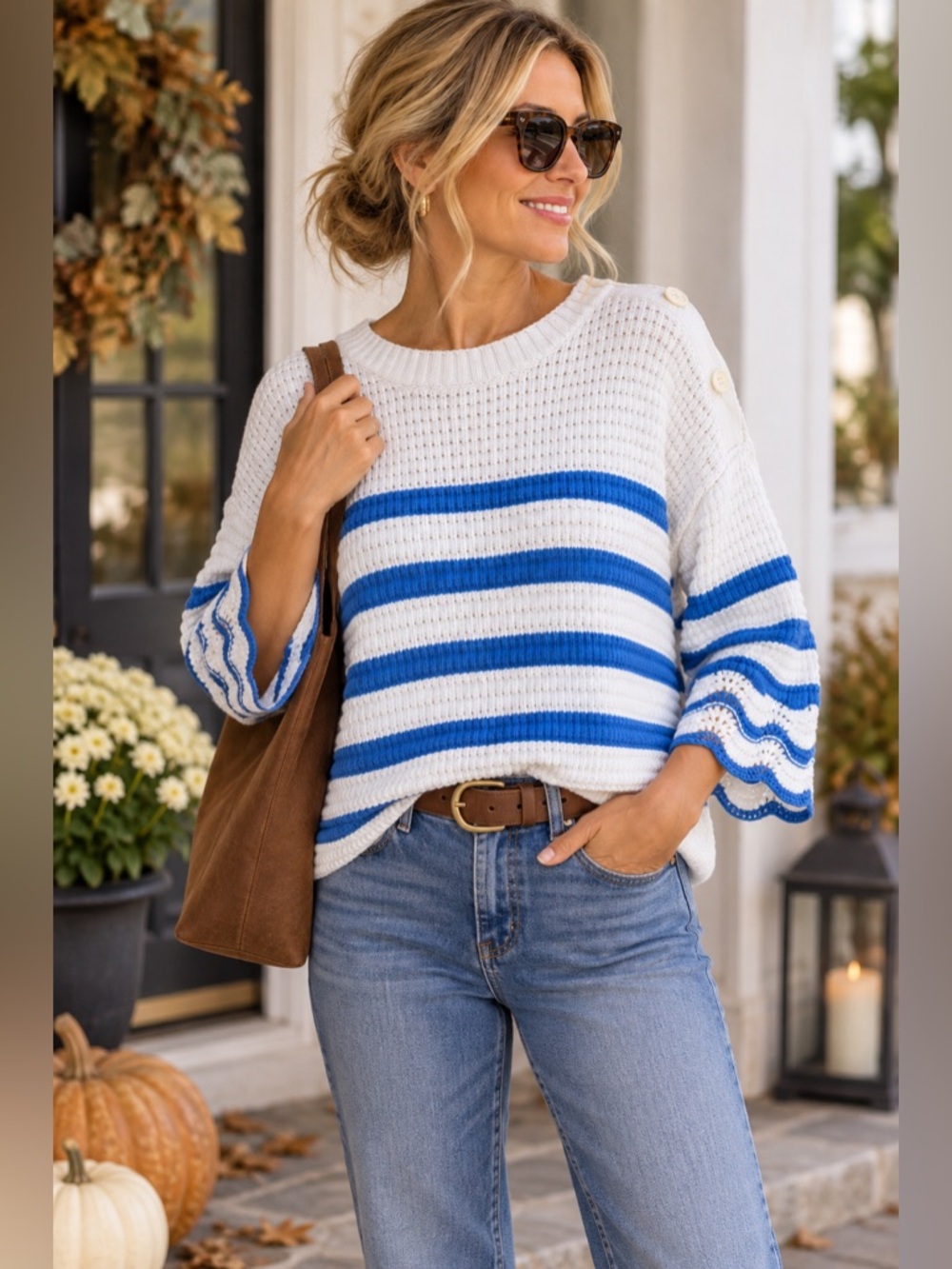 J.Crew XL Blue & White Striped Cotton Sweater with Button & Crochet Detail